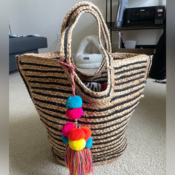 (SOLD) Oversized Beach Bag Stripe Woven Straw Tote Bag Summer Black Tan Jute - Picture 2 of 8